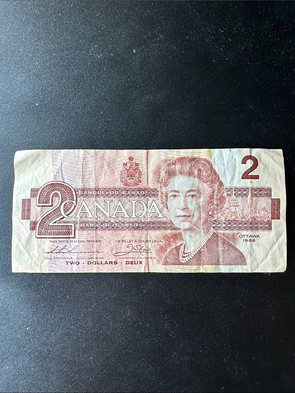 Vintage $2 Bill Canadian 1986 - Thiessen & Crow on Reverse - Rare BUN Serial